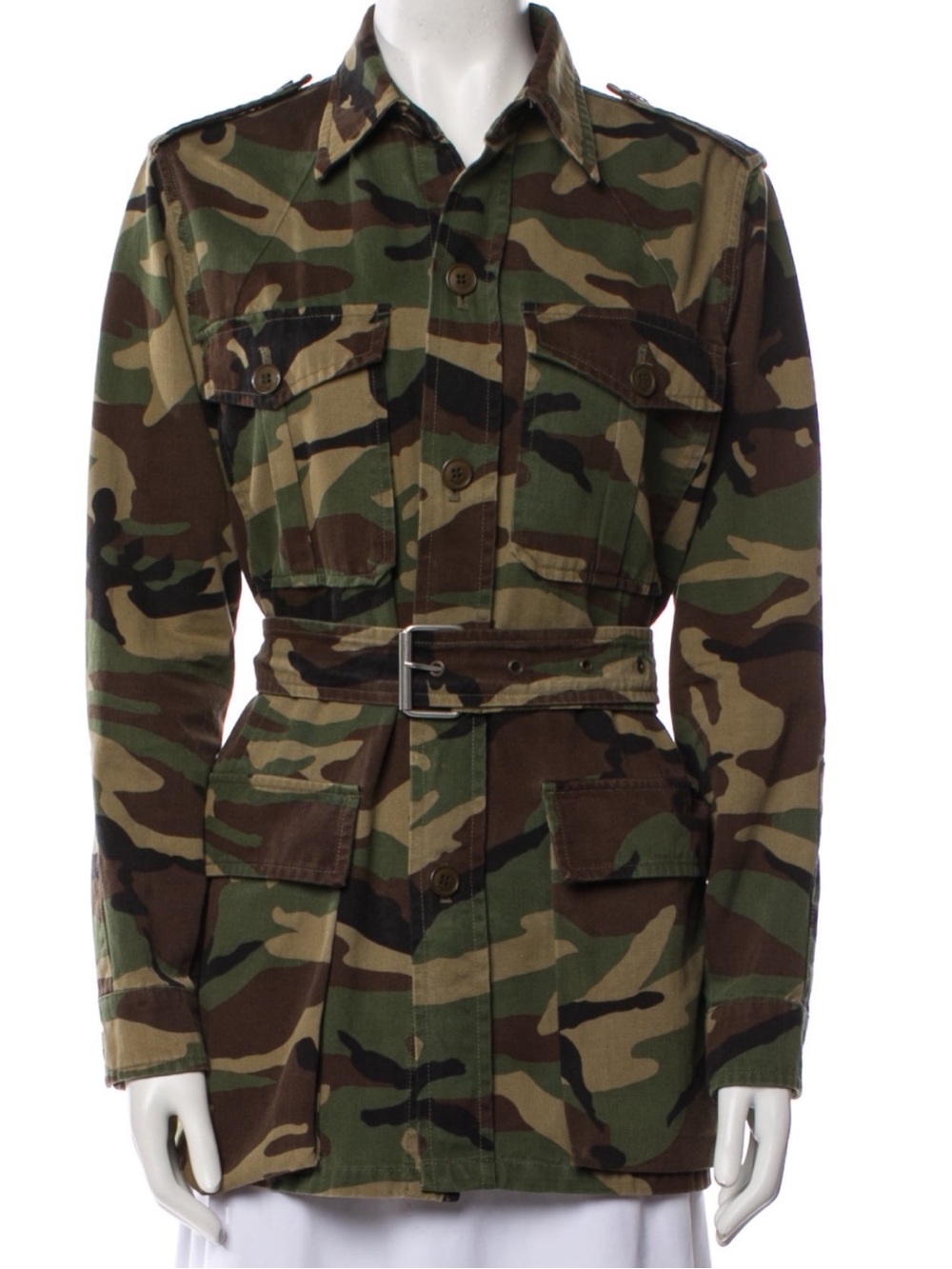 Saint Laurent Green Camouflage Belted Utility Jacket - Women